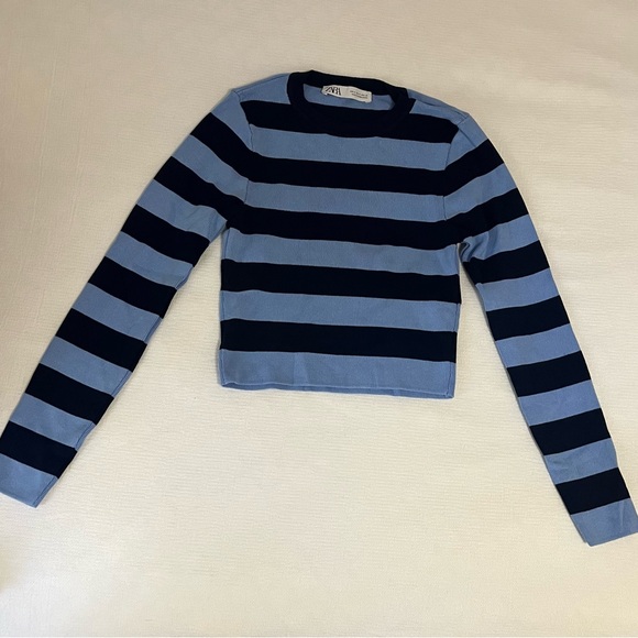 ZARA blue striped ribbed crop top - long sleeve - Picture 1 of 4